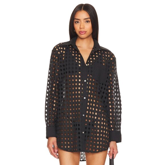 SOLID & STRIPED Black Cotton Eyelet Oxford Tunic Button Up Cover-Up, Size S - Picture 2 of 14